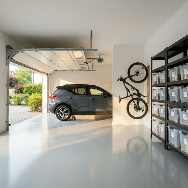 Clean, organized garage with car parked inside